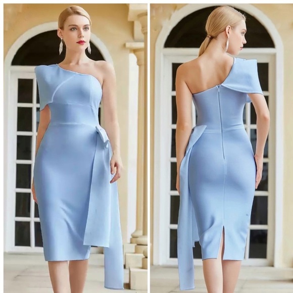 TheDressBluePrint Dresses & Skirts - One Shoulder Bodycon Bandage Dress Sexy Sky Blue Bow